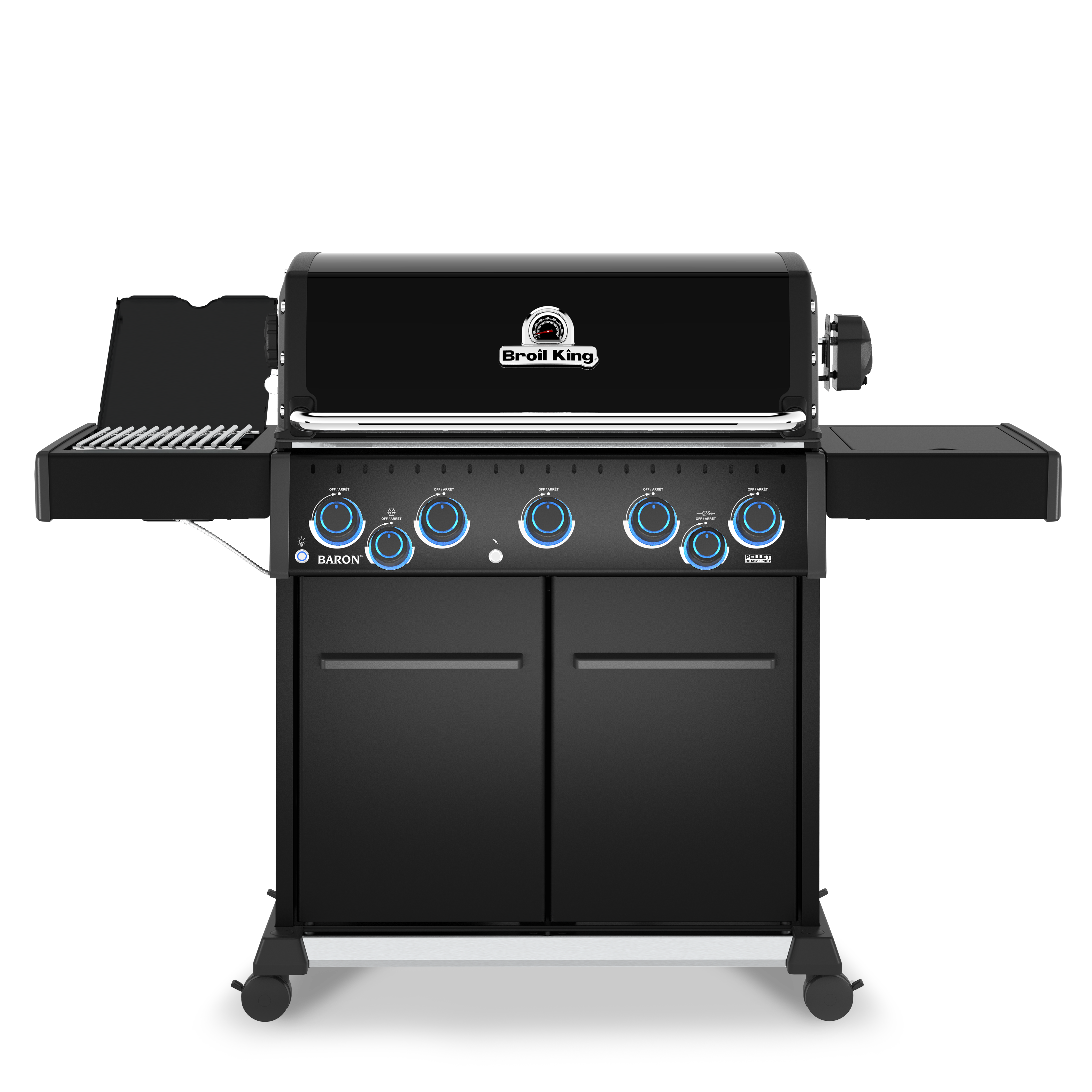 Black barbecue grill with brand logo on a white background