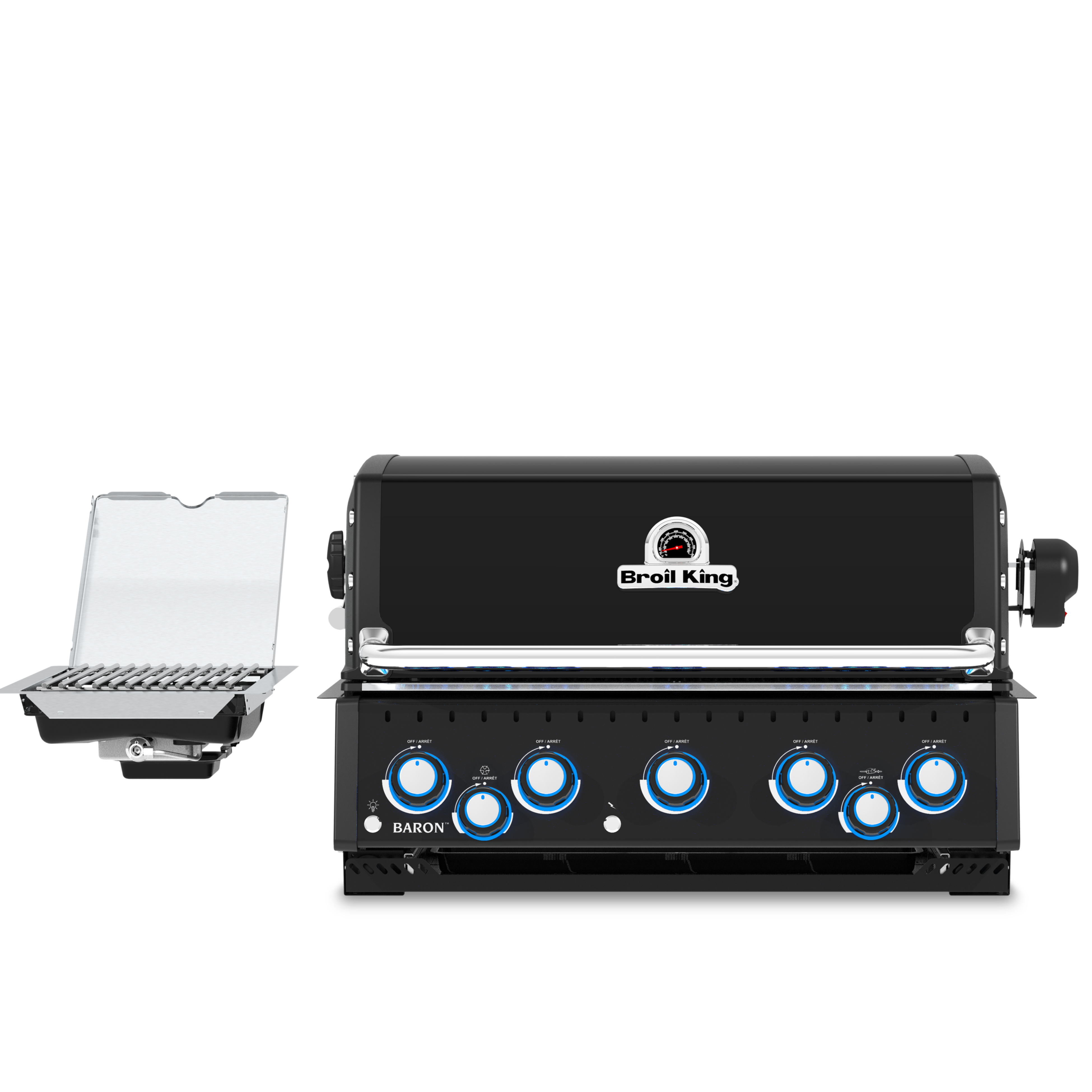 A black outdoor gas grill with five blue control knobs on the front, shown alongside a matching black side table with a clear glass lid on a white background.