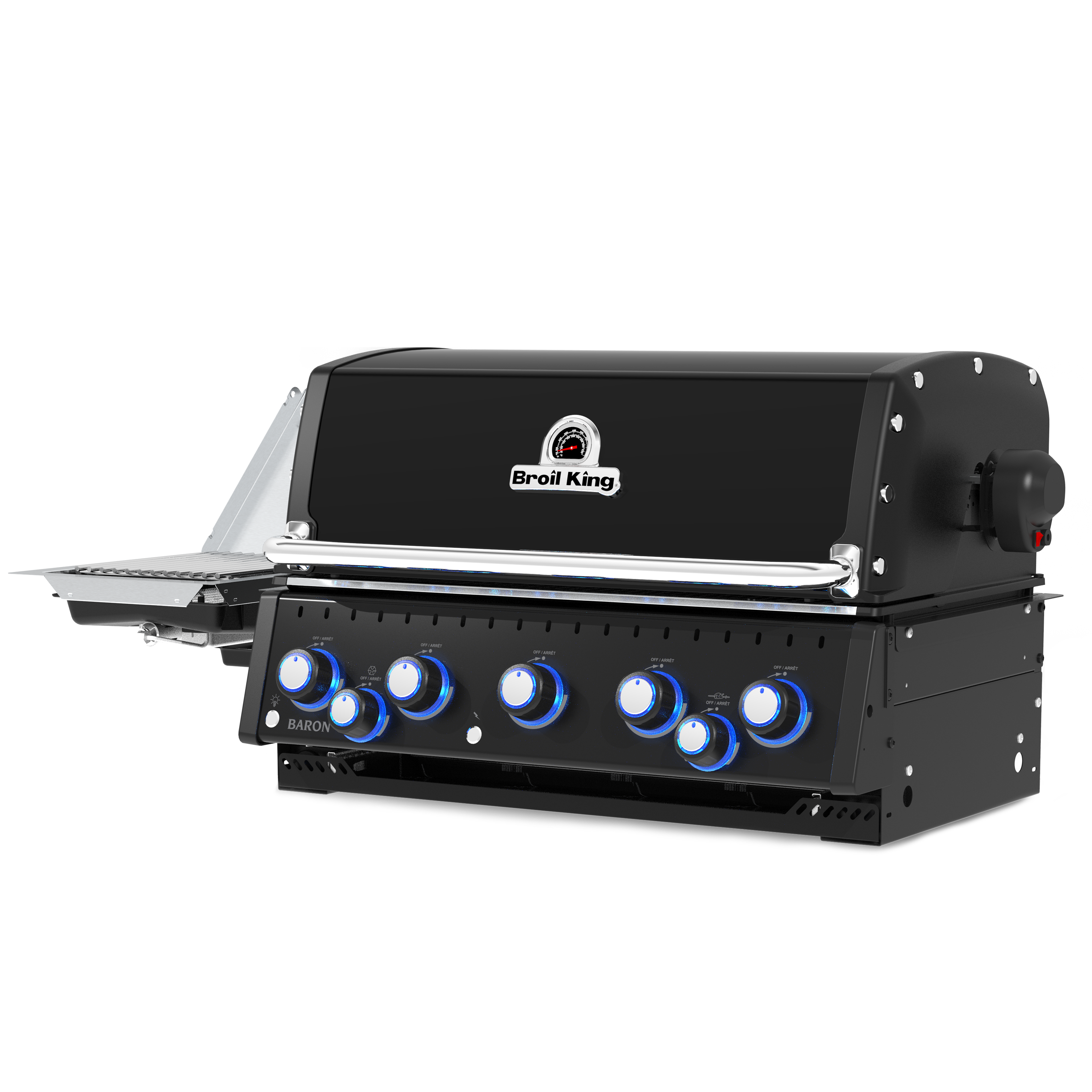 A black outdoor gas grill with a side table extension, featuring six blue and white control knobs on the front and a visible 'Grill King' logo on the top lid.