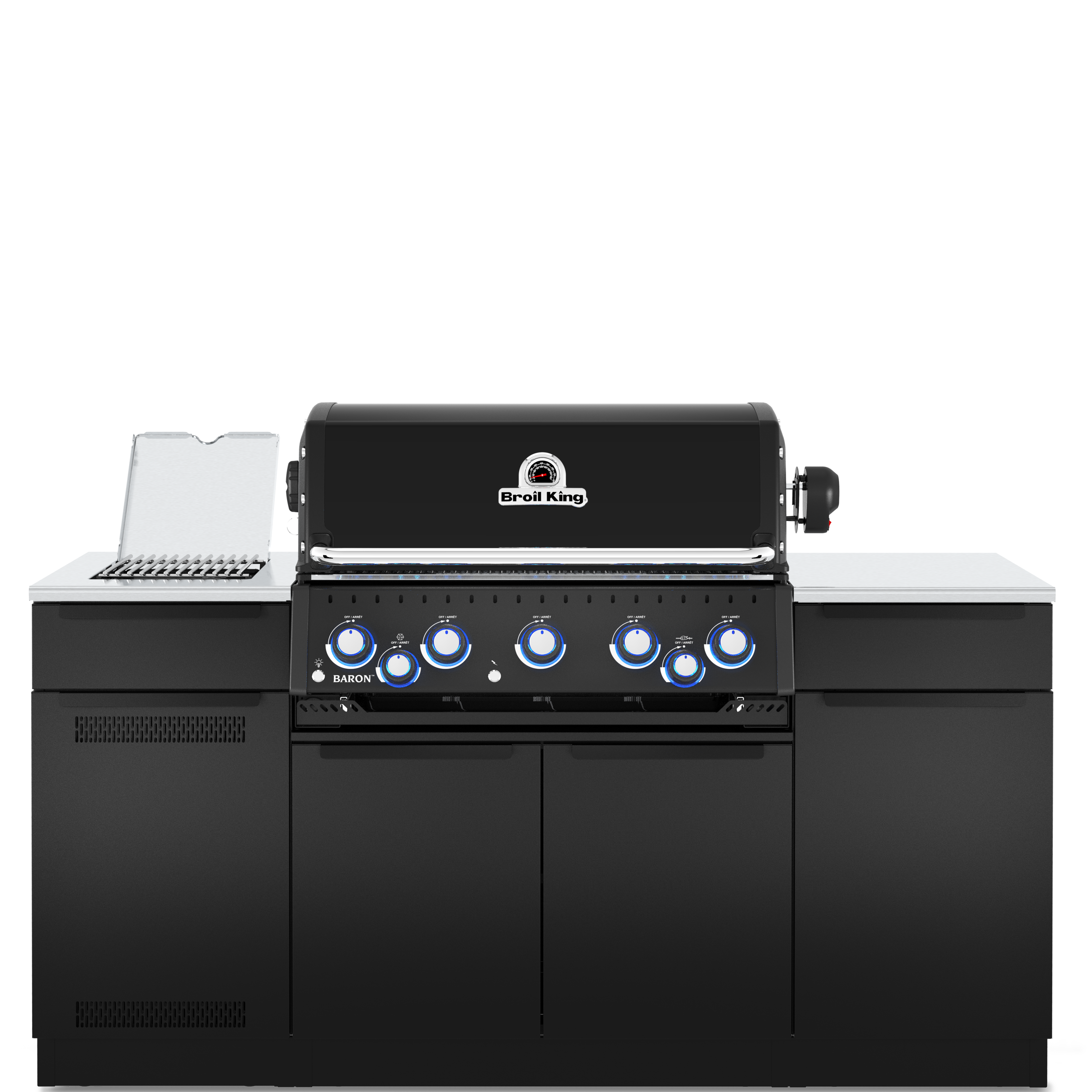 A black outdoor kitchen island set featuring a gas grill with blue control knobs, a built-in sink, side cabinets, and a countertop accessory, shown on a solid white background.