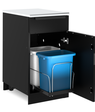 Black cabinet with open door revealing trash bins on a white background