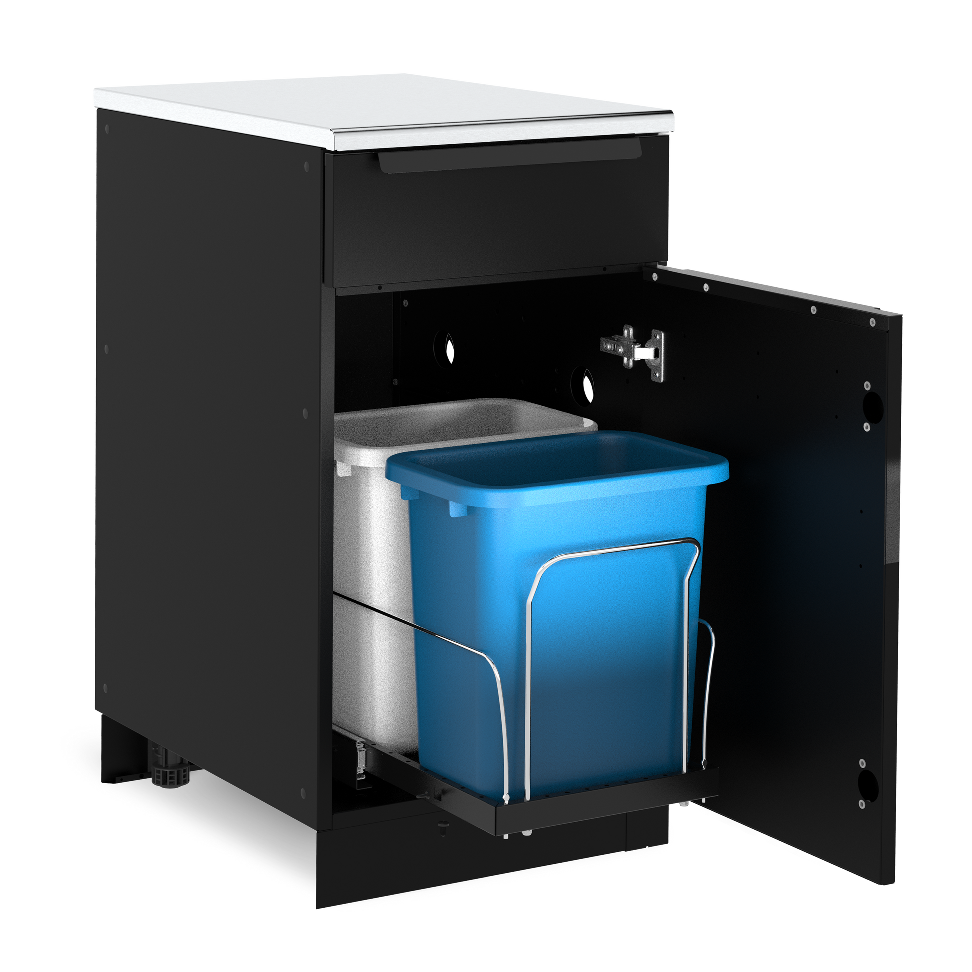 Black cabinet with open door revealing trash bins on a white background