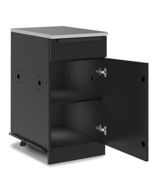 Black metal cabinet with open door on a white background