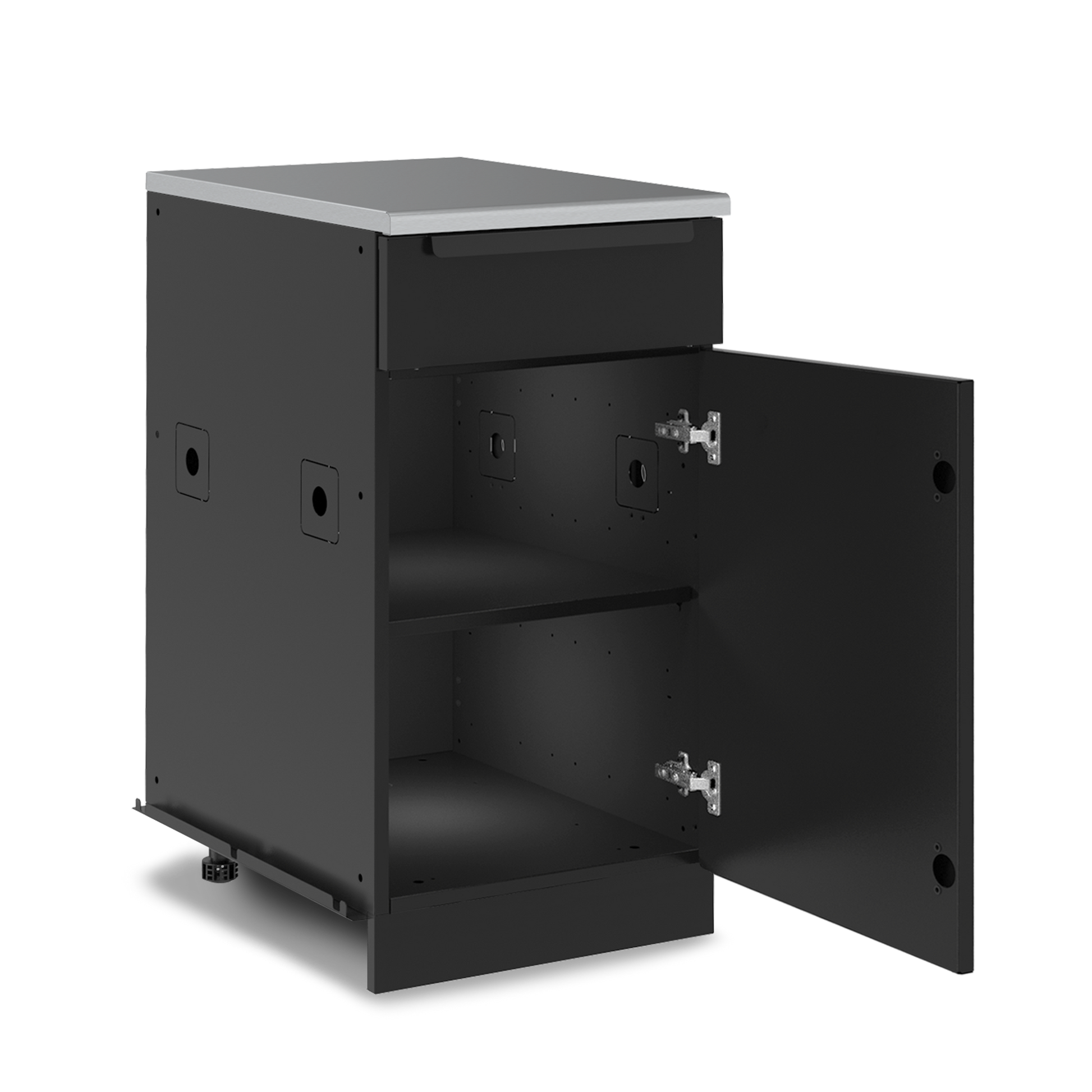 Black metal cabinet with open door on a white background