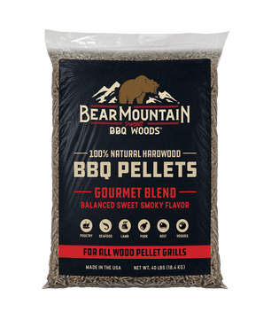 A 40 lb bag of Bear Mountain BBQ Woods Gourmet Blend BBQ Pellets on a solid white background.