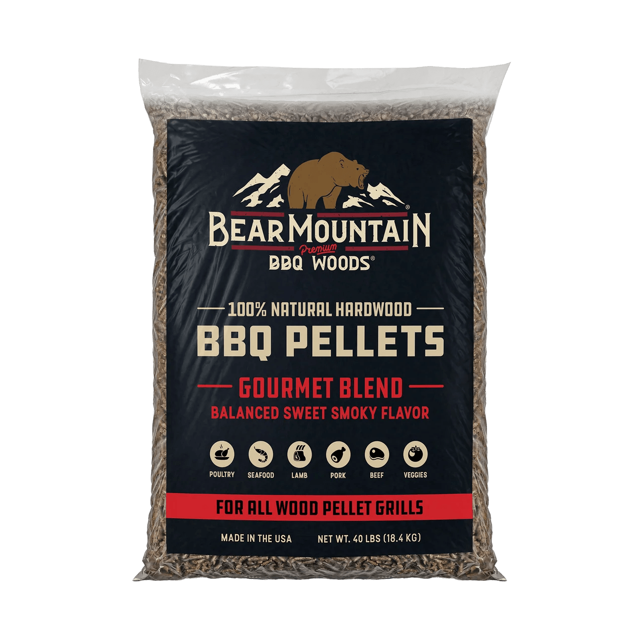 A 40 lb bag of Bear Mountain BBQ Woods Gourmet Blend BBQ Pellets on a solid white background.