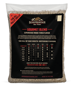 A bag of Bear Mountain BBQ Woods Gourmet Blend Pellet Grills, featuring a large black label with flavor guide charts and a red 'For All Pellet Grills' banner on a white background.