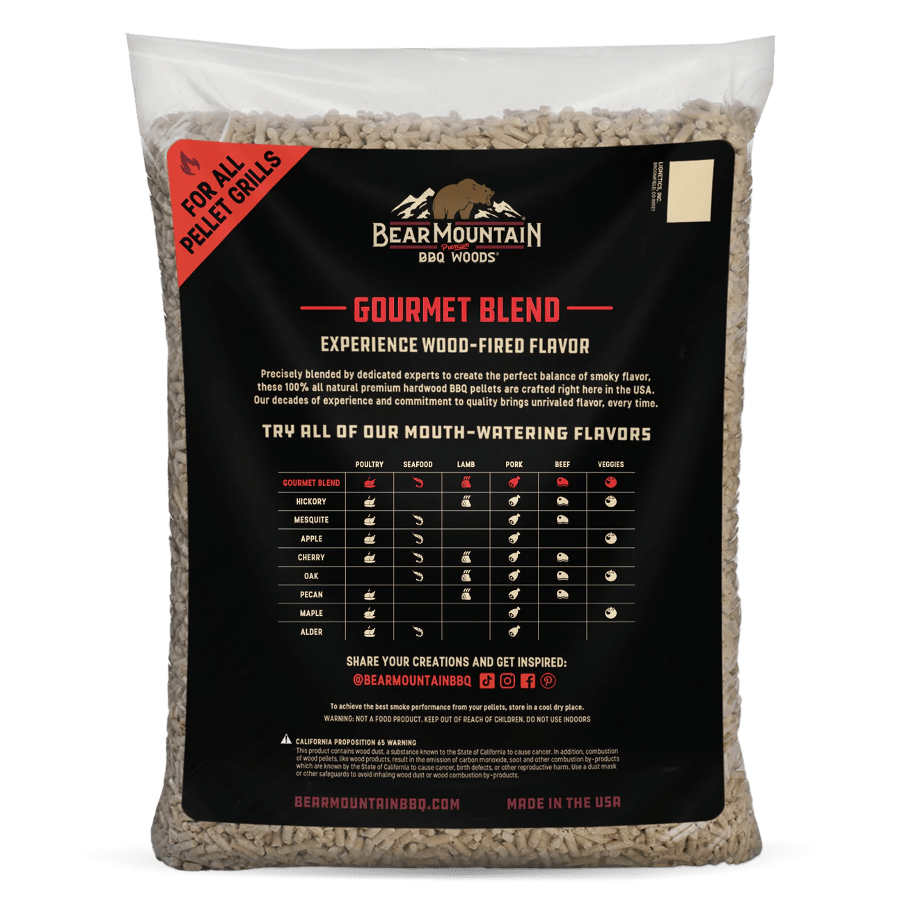 A bag of Bear Mountain BBQ Woods Gourmet Blend Pellet Grills, featuring a large black label with flavor guide charts and a red 'For All Pellet Grills' banner on a white background.