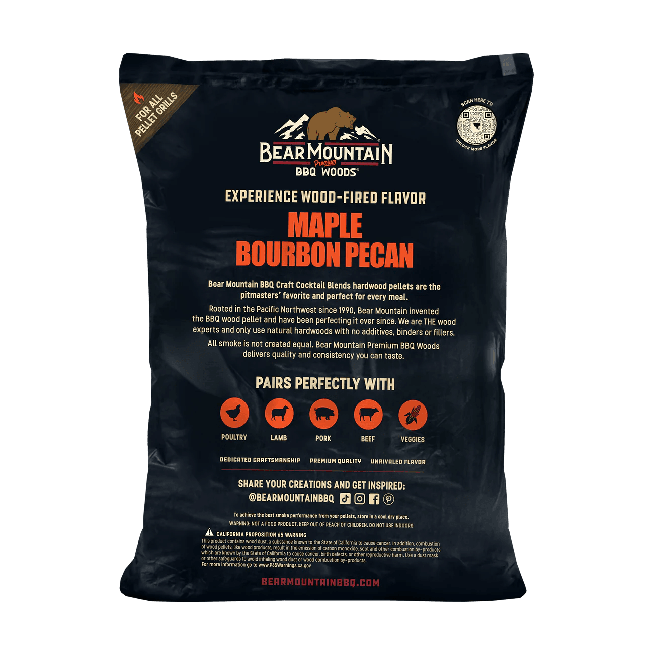 A large black bag of Bear Mountain BBQ Wood Co. Maple Bourbon Pecan hardwood pellets, showing the back of the packaging with product details, flavor text, pairing icons, and a circular seal.