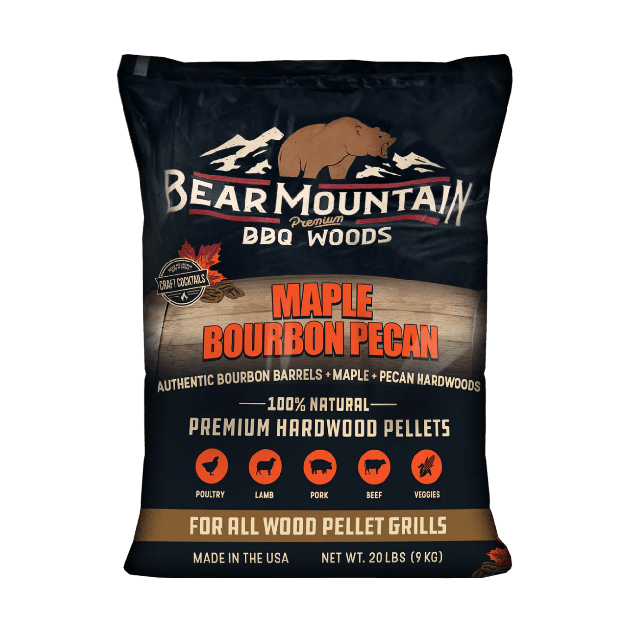 A 20 lb bag of Bear Mountain Premium BBQ Woods Maple Bourbon Pecan hardwood pellets, featuring a dark navy blue bag with a brown bear logo and product details.