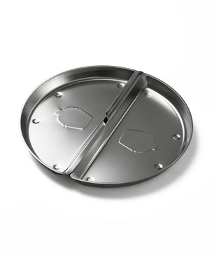 Stainless steel lid with two handles on a white background