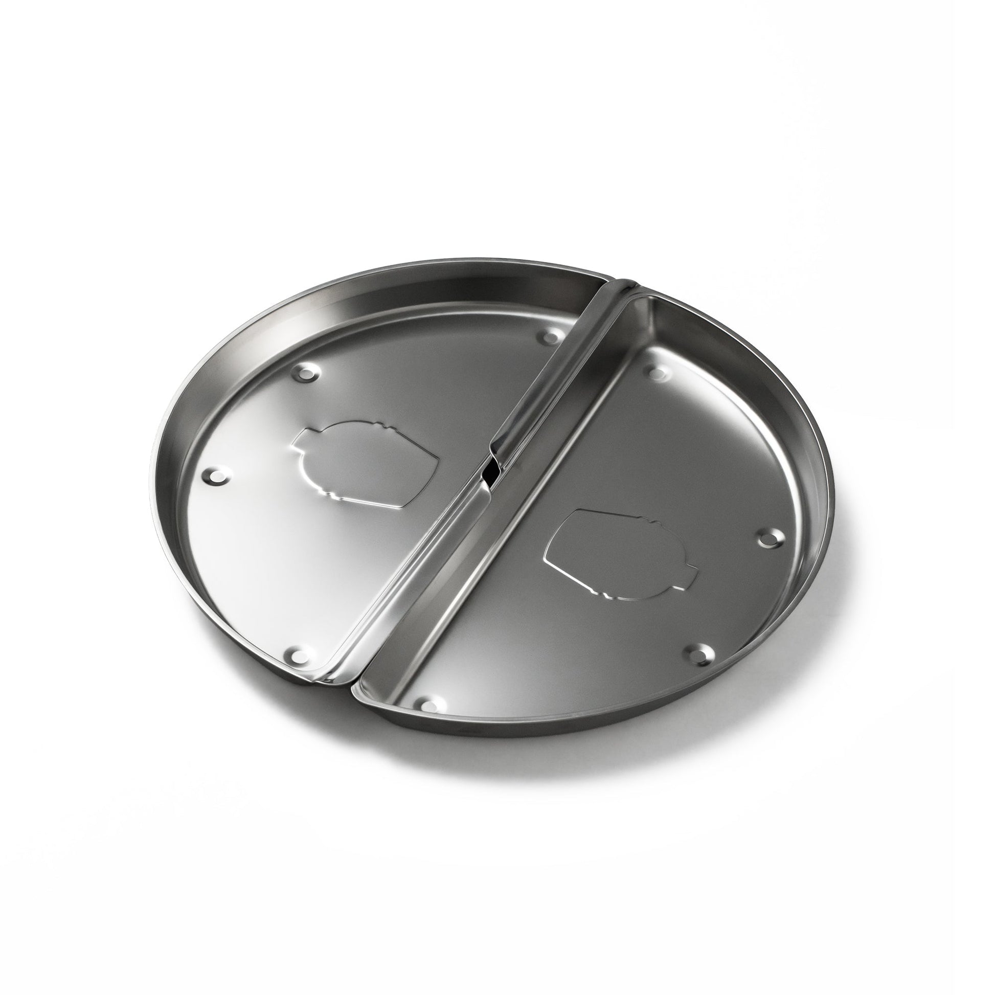 Stainless steel lid with two handles on a white background