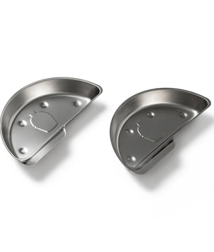 Two stainless steel corner brackets on a white background