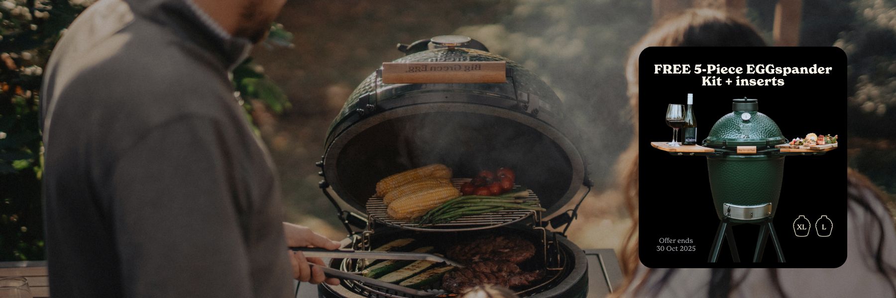 Person grilling outdoors with a promotional overlay for a free 5-piece EGGspander kit.