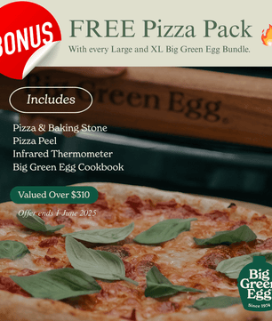 Big Green Egg Bonus Pizza Pack promotion details over a cooked pizza