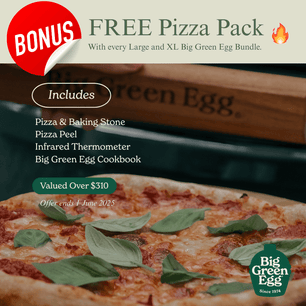 Big Green Egg Bonus Pizza Pack promotion details over a cooked pizza