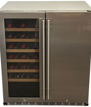 A stainless steel wine refrigerator with a glass door on the left showing wine bottles on wooden shelves, and a solid stainless steel door on the right, set against a plain white background.