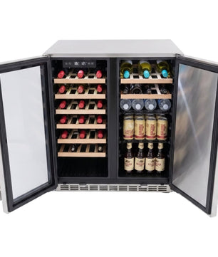A stainless steel wine refrigerator with both doors open, showing two interior racks stocked with wine bottles and canned beverages on a white background.