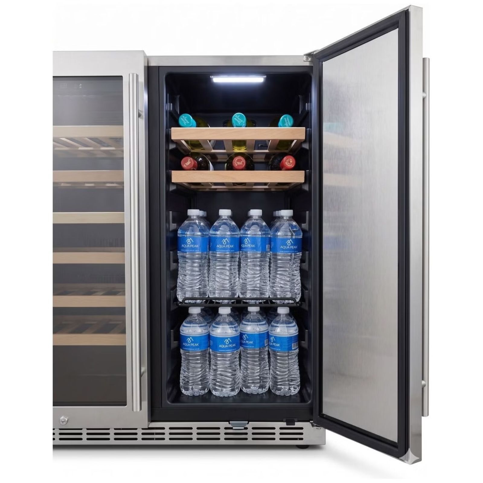 A stainless steel wine refrigerator with a glass door shown open, revealing shelves with water bottles and wine bottles inside, on a white background.