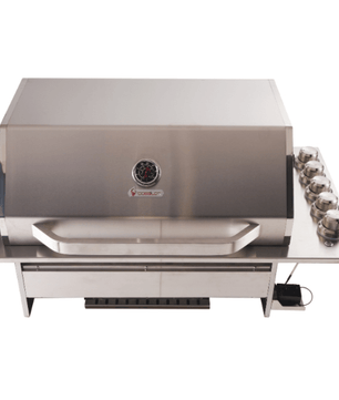 A stainless steel outdoor gas grill with a side burner attachment, shown on a plain white background.