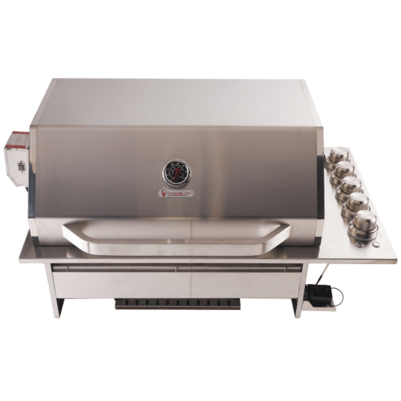 A stainless steel outdoor gas grill with a side burner attachment, shown on a plain white background.