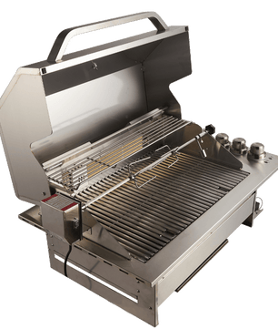 A stainless steel gas grill with the lid open, showing the interior grates, burner controls, and side handle on a plain white background.