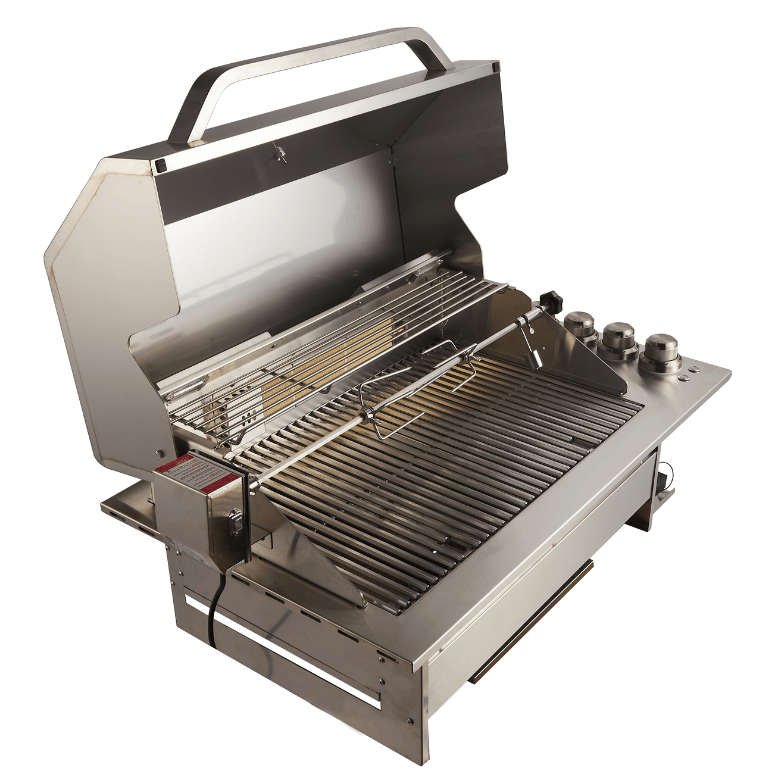 A stainless steel gas grill with the lid open, showing the interior grates, burner controls, and side handle on a plain white background.