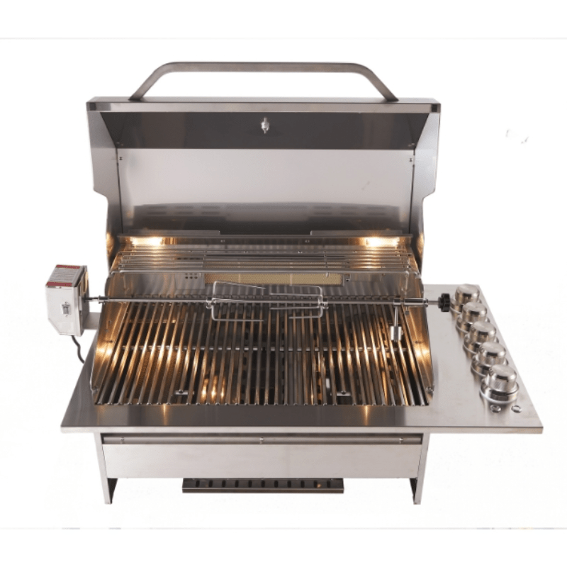 A stainless steel outdoor gas grill with its lid open, showing the interior grates, a hanging basket, a side control box, and multiple control knobs on the right side, photographed against a plain white background.