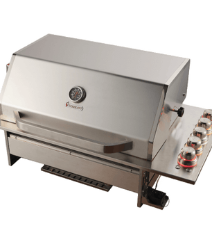 A stainless steel outdoor gas grill with a sliding lid, side handle, control knobs, and a drip tray, shown on a plain white background.