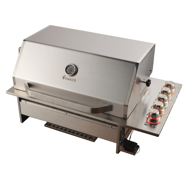 A stainless steel outdoor gas grill with a sliding lid, side handle, control knobs, and a drip tray, shown on a plain white background.