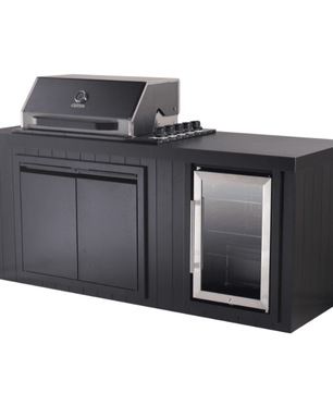A black outdoor kitchen island set featuring a built-in gas grill on top, a double-door cabinet, and a glass-door refrigerator, shown on a plain white background.