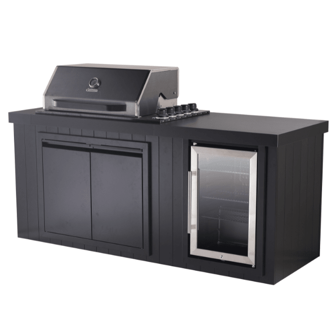 A black outdoor kitchen island set featuring a built-in gas grill on top, a double-door cabinet, and a glass-door refrigerator, shown on a plain white background.