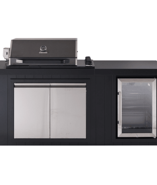 A black outdoor kitchen island set featuring a built-in gas grill on the left, a double-door stainless steel cabinet in the center, and a glass-door refrigerator on the right, all mounted on a black countertop against a white background.