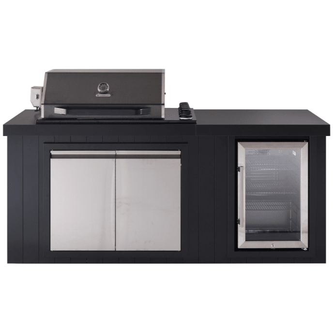 A black outdoor kitchen island set featuring a built-in gas grill on the left, a double-door stainless steel cabinet in the center, and a glass-door refrigerator on the right, all mounted on a black countertop against a white background.
