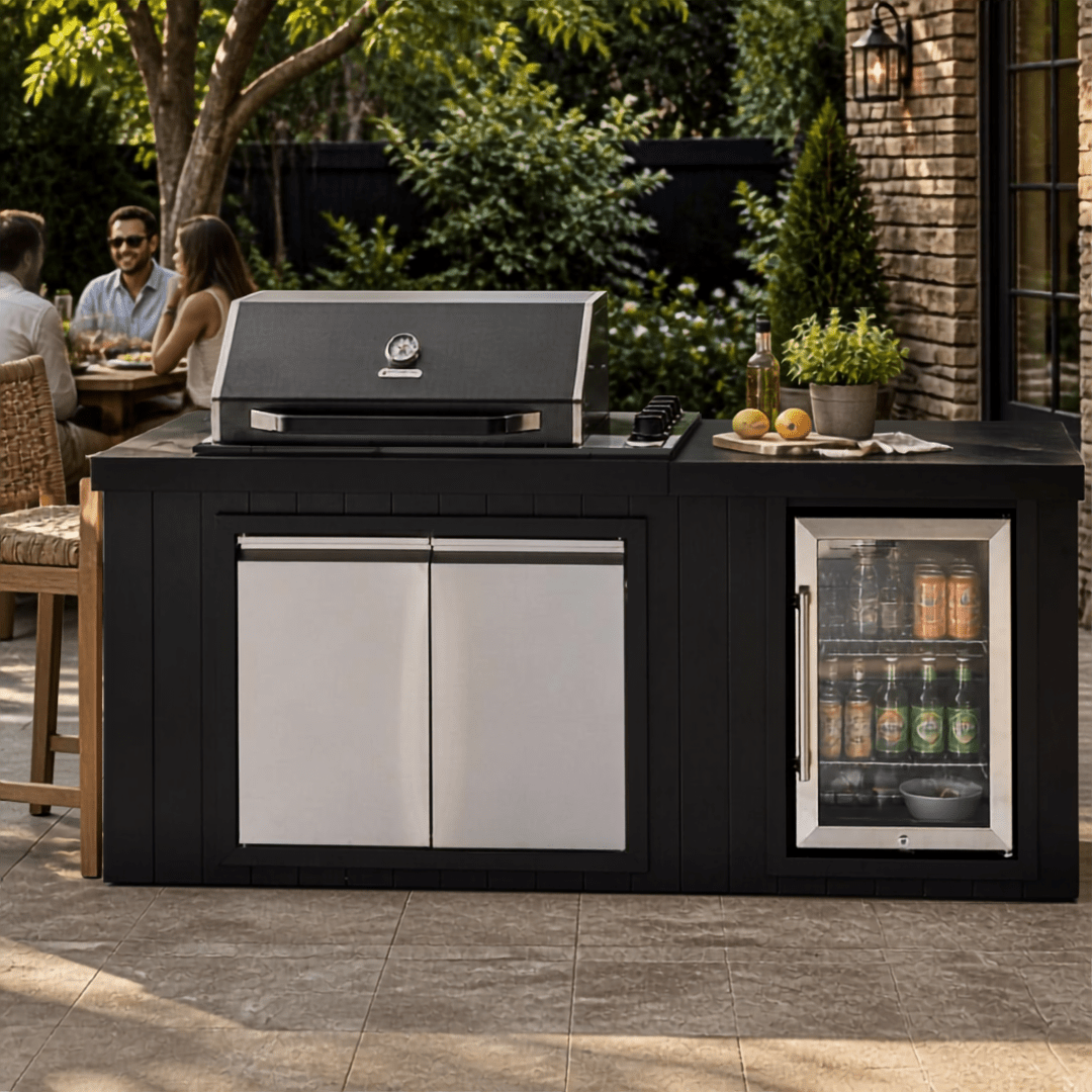 Bosston Bossworx Outdoor Kitchen with Black Stainless Steel 4 Burner BBQ & Fridge - Smoked BBQ Co.