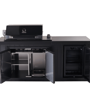 Black outdoor kitchen island cabinet set with a built-in gas grill on top, open lower cabinets showing stainless steel shelving and a charcoal pan, and a glass-door refrigerator compartment on the right.