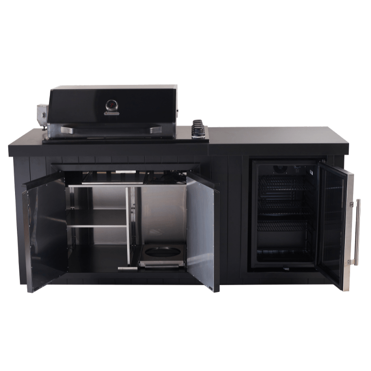 Black outdoor kitchen island cabinet set with a built-in gas grill on top, open lower cabinets showing stainless steel shelving and a charcoal pan, and a glass-door refrigerator compartment on the right.