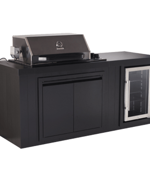 Black outdoor kitchen island with a built-in gas grill on top and a glass-door refrigerator on the right side, shown on a plain white background.