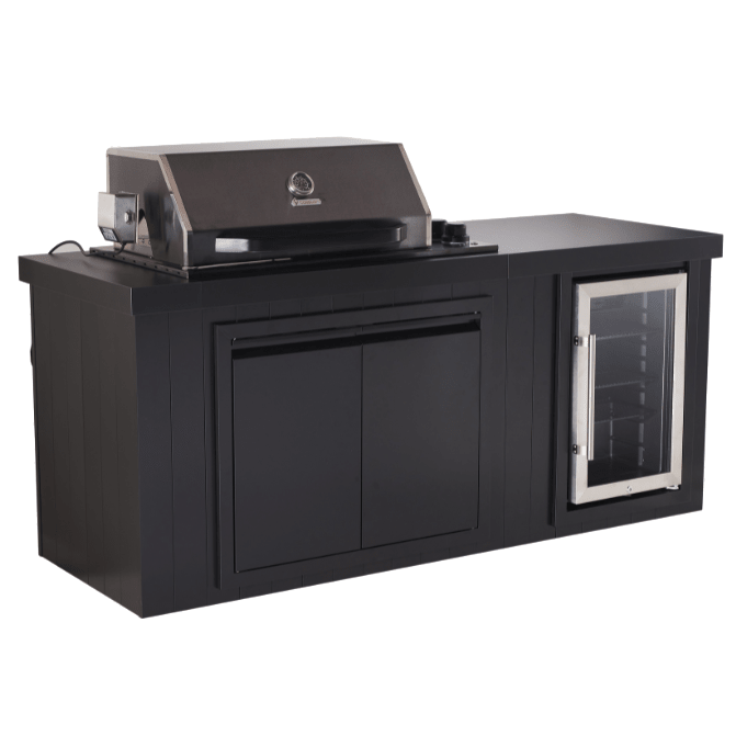 Black outdoor kitchen island with a built-in gas grill on top and a glass-door refrigerator on the right side, shown on a plain white background.