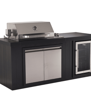 Outdoor kitchen island set featuring a black countertop with a stainless steel gas grill on top, a double-door cabinet, and a glass-door wine cooler, shown on a solid white background.