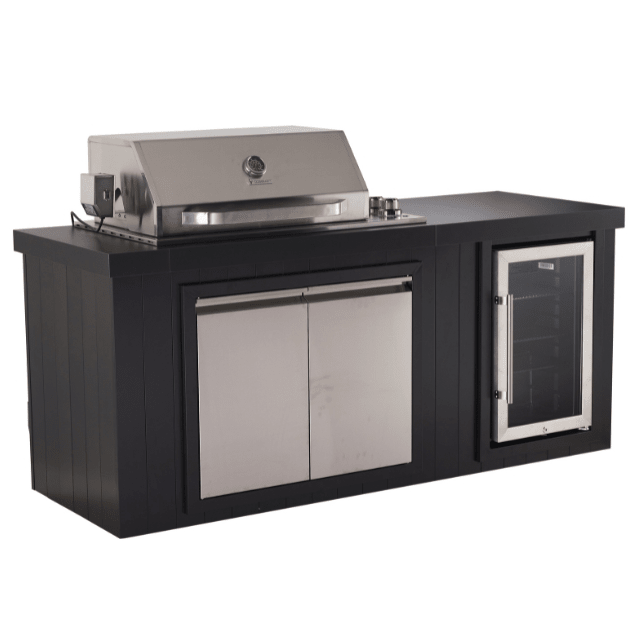 Outdoor kitchen island set featuring a black countertop with a stainless steel gas grill on top, a double-door cabinet, and a glass-door wine cooler, shown on a solid white background.