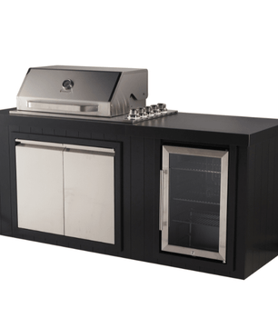 Black outdoor kitchen island with a stainless steel gas grill on top, a double-door refrigerator, and a glass-door beverage cooler on a white background.