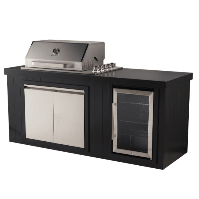 Black outdoor kitchen island with a stainless steel gas grill on top, a double-door refrigerator, and a glass-door beverage cooler on a white background.