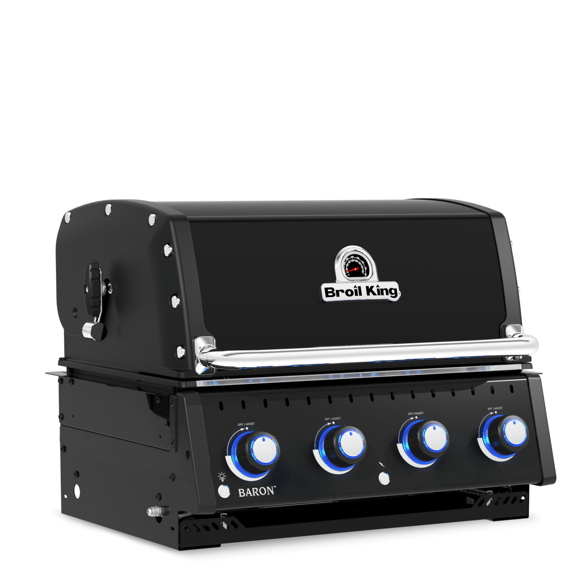 A black outdoor gas grill with a lid featuring the 'Grill Boss' logo, shown on a solid white background.