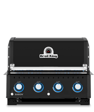 A black outdoor gas grill with a stainless steel control panel, featuring four blue-detailed knobs and the 'Grill King' logo on the front.