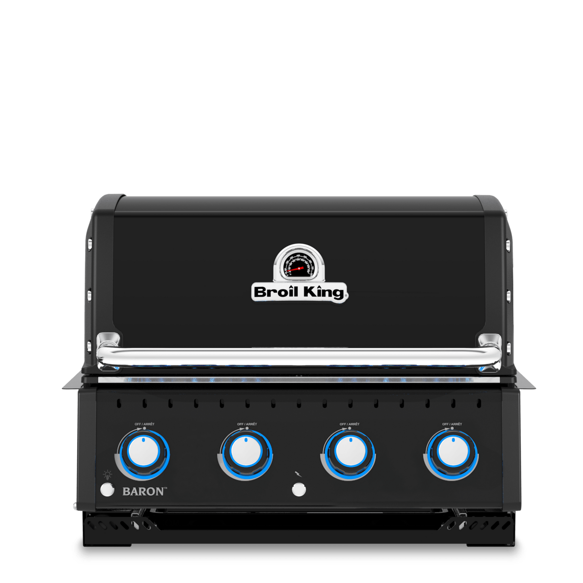 A black outdoor gas grill with a stainless steel control panel, featuring four blue-detailed knobs and the 'Grill King' logo on the front.