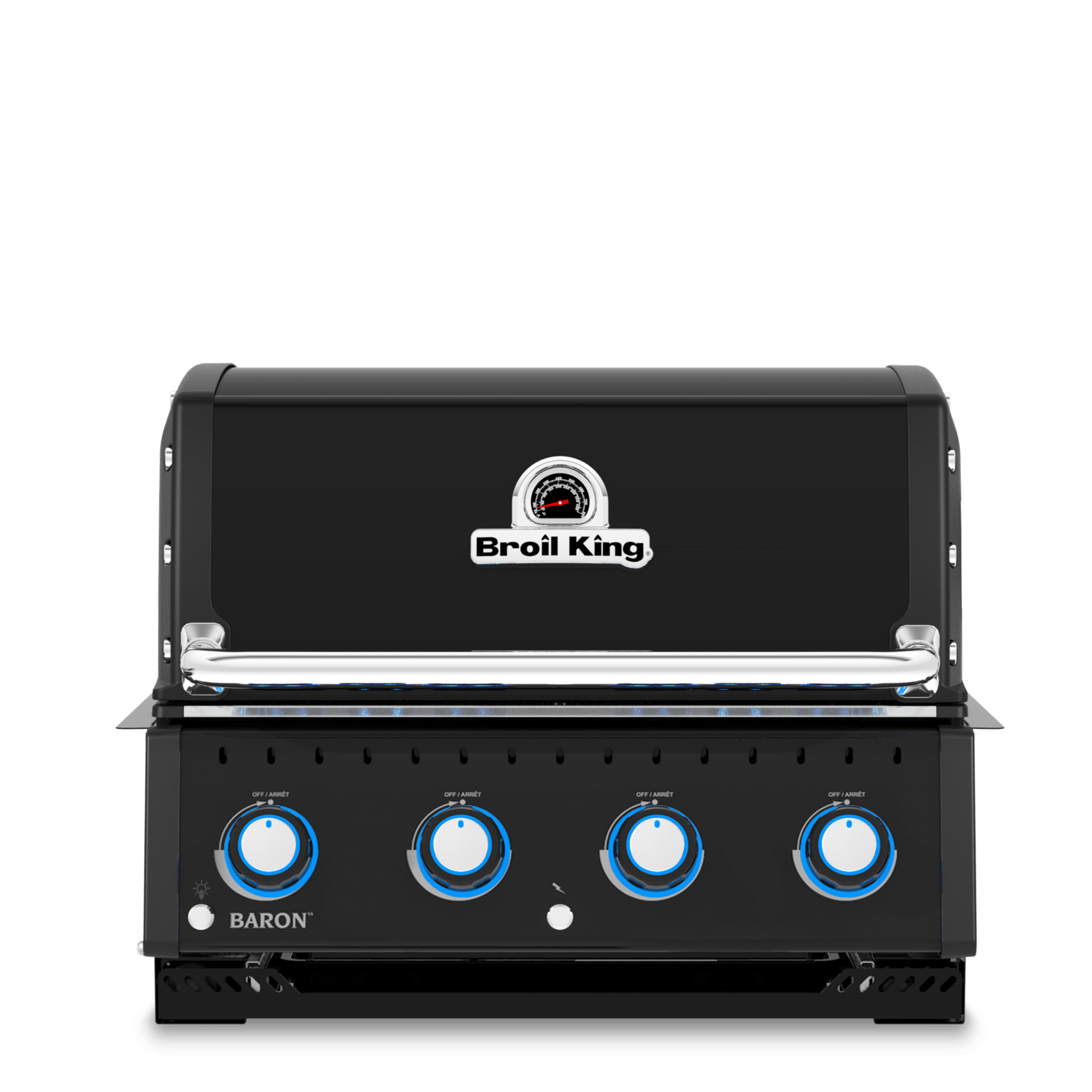 A black outdoor gas grill with a stainless steel control panel, featuring four blue-detailed knobs and the 'Grill King' logo on the front.