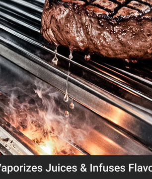 Grilled steak on a barbecue with flames and smoke, text 'Vaporizes Juices & Infuses Flavor' below.