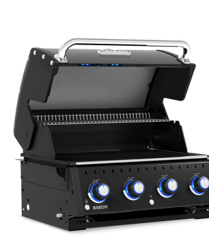 A black portable outdoor grill with its lid open, featuring four blue-lit control knobs on the front and a silver handle on top, shown against a plain white background.