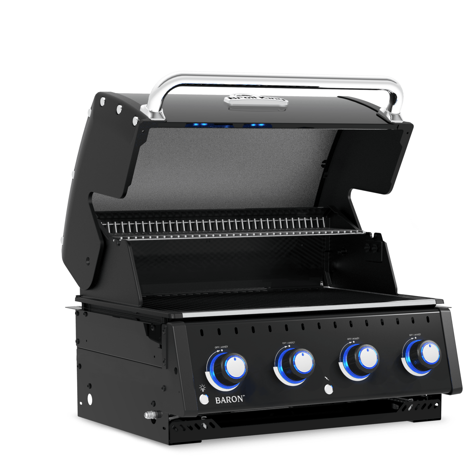 A black portable outdoor grill with its lid open, featuring four blue-lit control knobs on the front and a silver handle on top, shown against a plain white background.